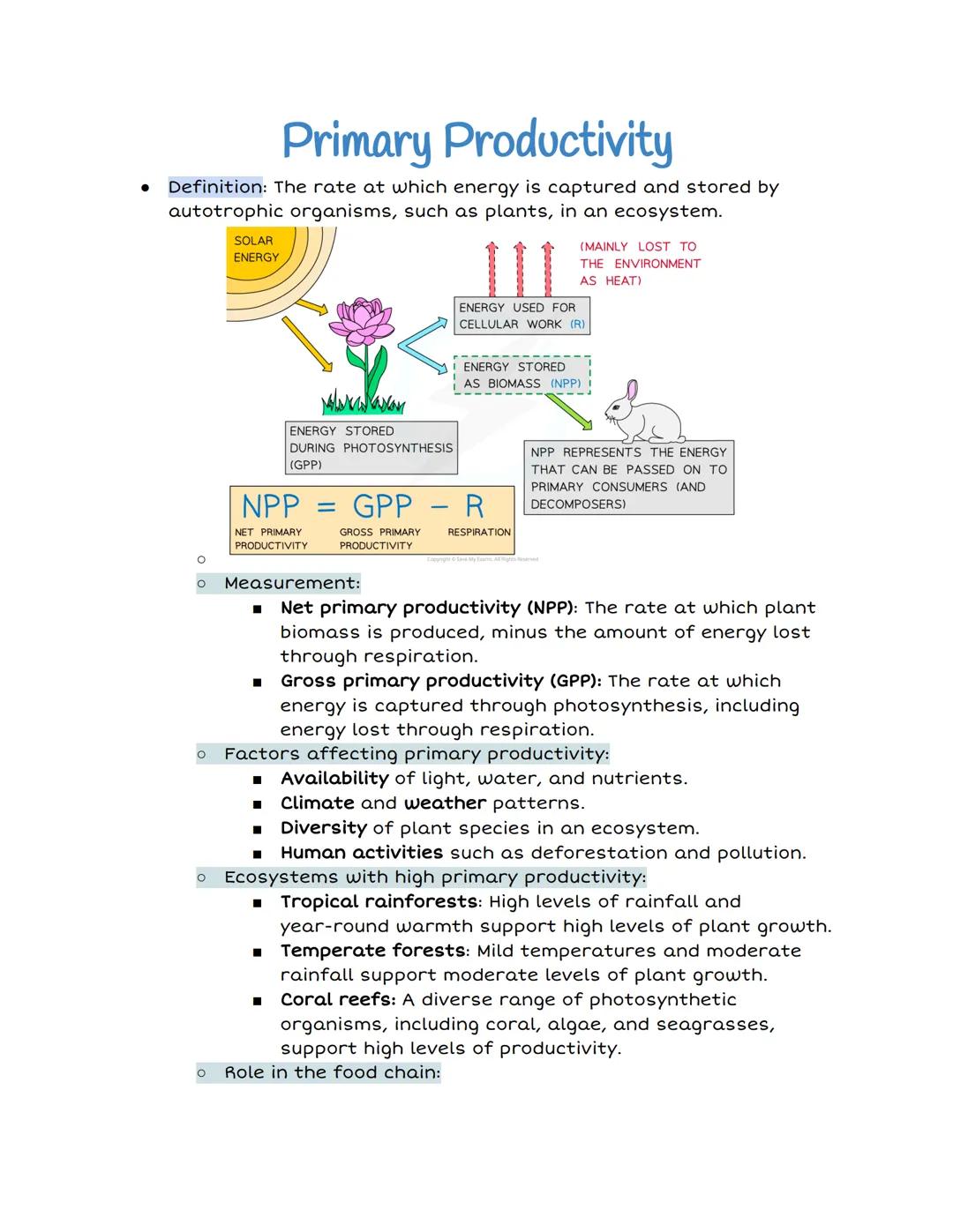 # Primary Productivity

*   Definition: The rate at which energy is captured and stored by
    autotrophic organisms, such as plants, in an 
