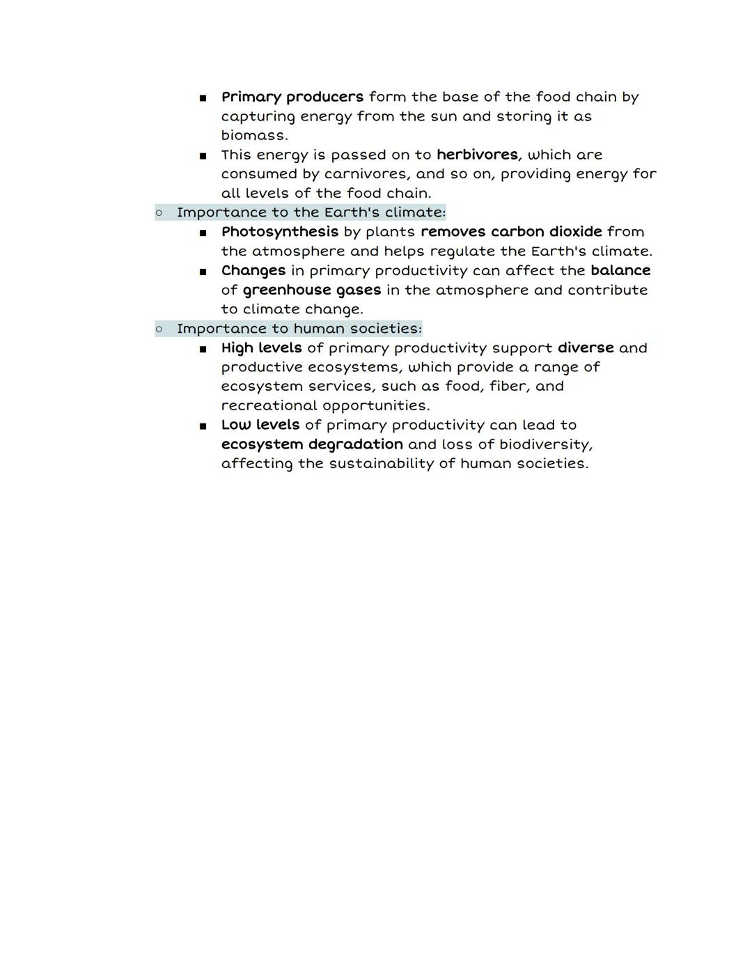 # Primary Productivity

*   Definition: The rate at which energy is captured and stored by
    autotrophic organisms, such as plants, in an 