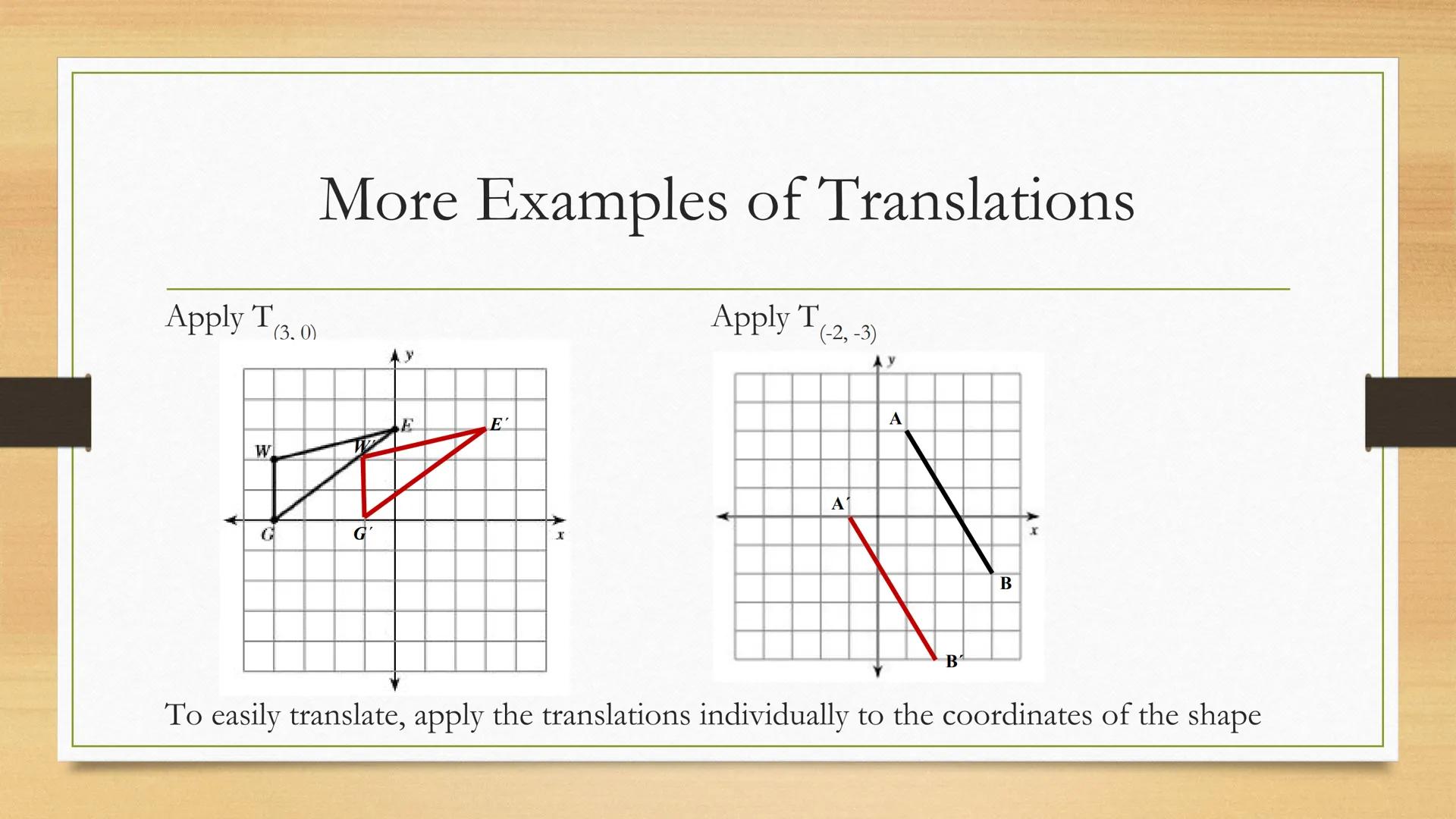 # Transformations

Translations of Two Dimensional Figures Vocabulary

• Transformation: the word transform means to change. This unit is
ab