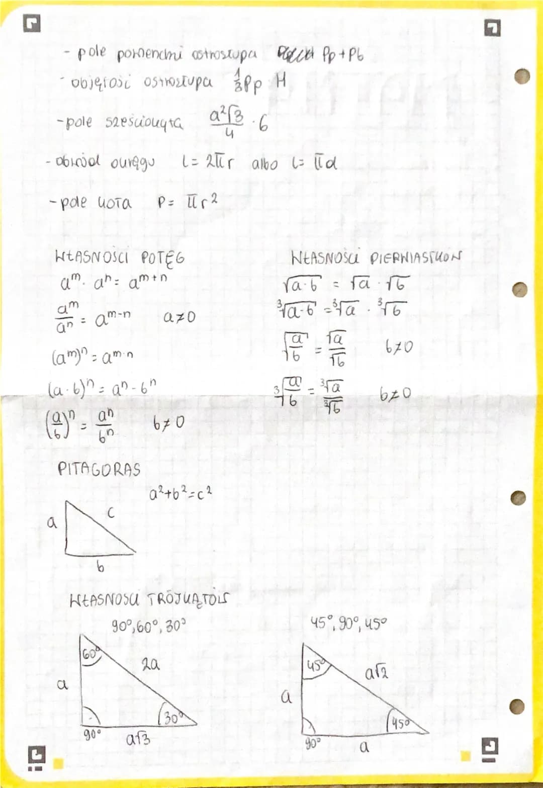 ## Wszystkie wzory

1 **Pola (najważniejsze)**
- pole trójkąta $\frac{a 
 h}{2}$
- pole trapezu $\frac{(a+b)h}{2}$
- pole równoległoboku $a 