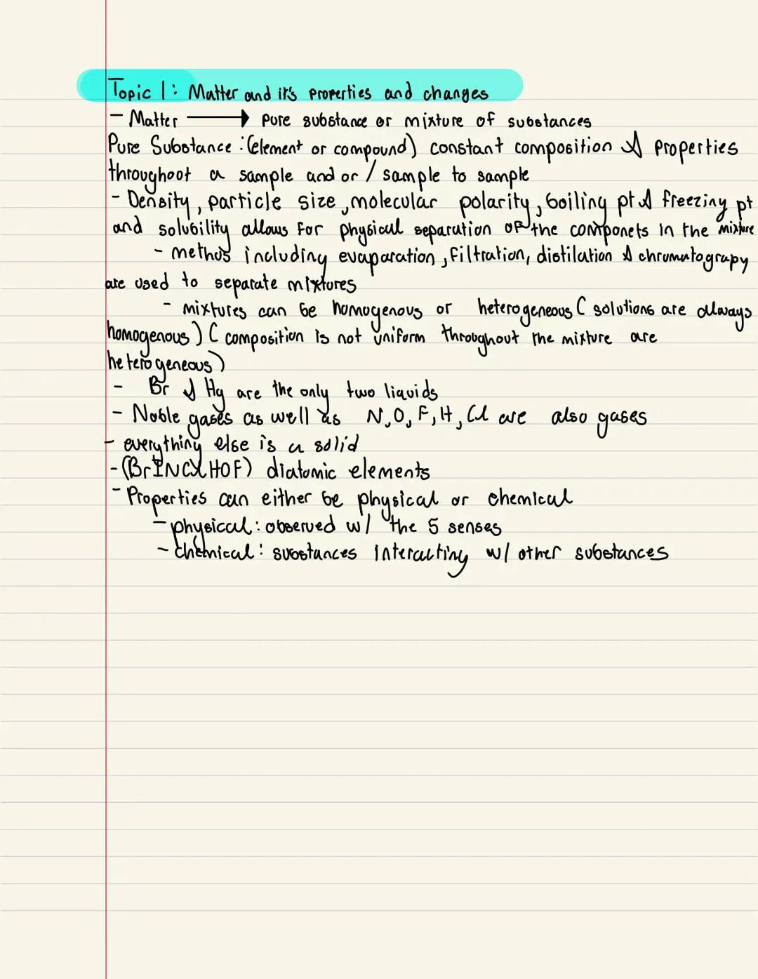 Topic 1: Matter and it's properties and changes
-Matter $\longrightarrow$ pure substance or mixture of substances.
Pure Subotance Celement o