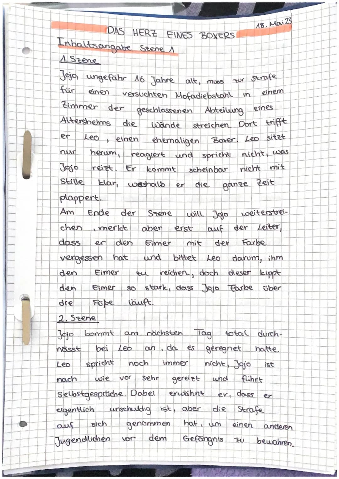 # DAS HERZ EINES BOXERS

Inhaltsangabe Szene 1

18. Mai 23

1. Szene

Jojo, ungefähr 16 Jahre alt, muss zur Strafe
für einen versuchten Mofa
