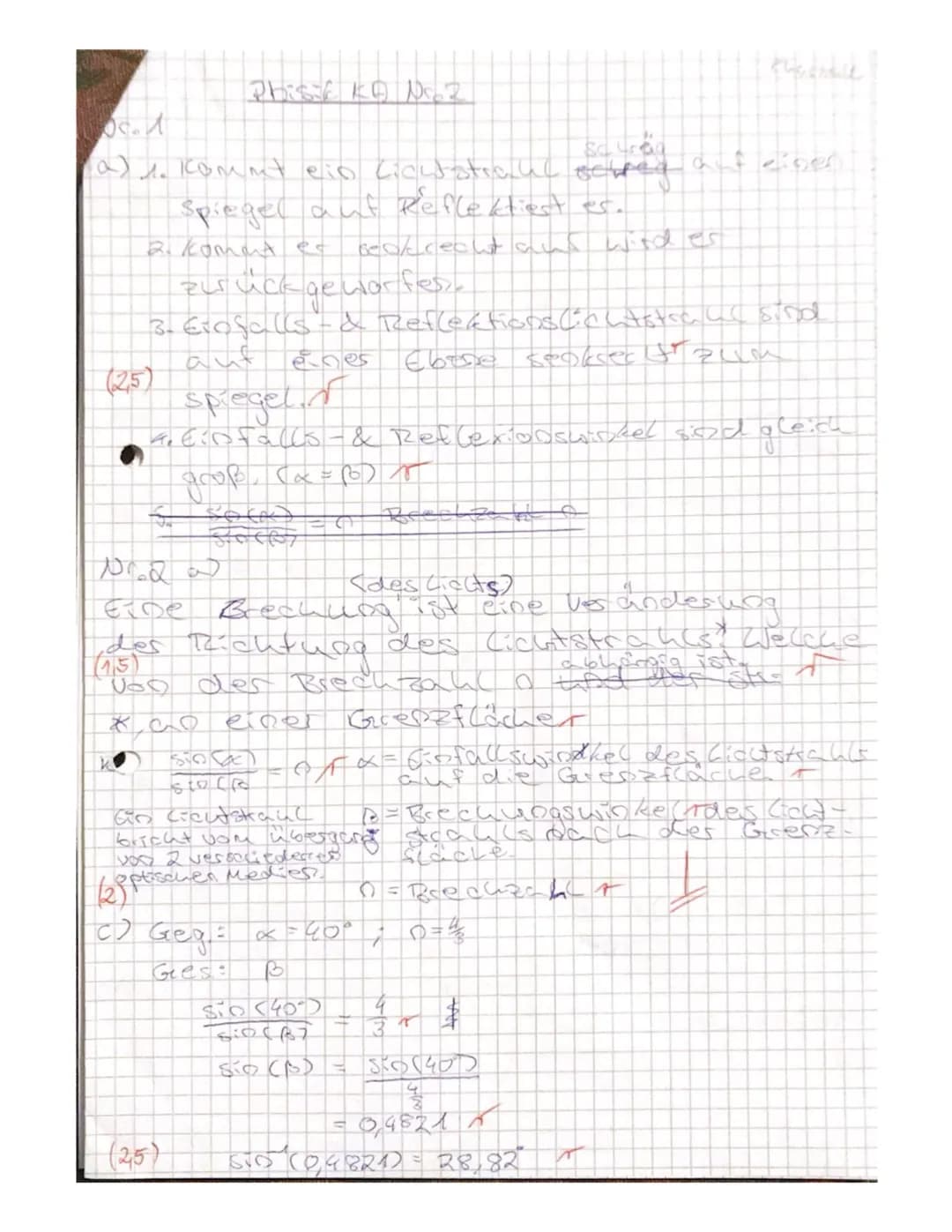 2. Physik-Klassenarbeit in Klasse 9d (G9)
1.6.2017
Name: cuantace

(2,5) Formuliere das Reflexionsgesetz für Lichtstrahlen bei Spiegeln.
(2)