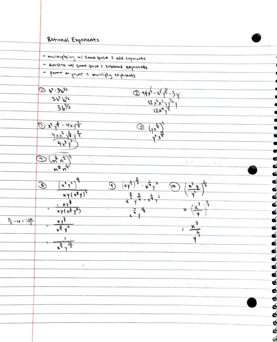 # Rational Exponents

- multiplying w/ same base = add exponents
- division w/ same base = subtract exponents
- power + power = multiply exp