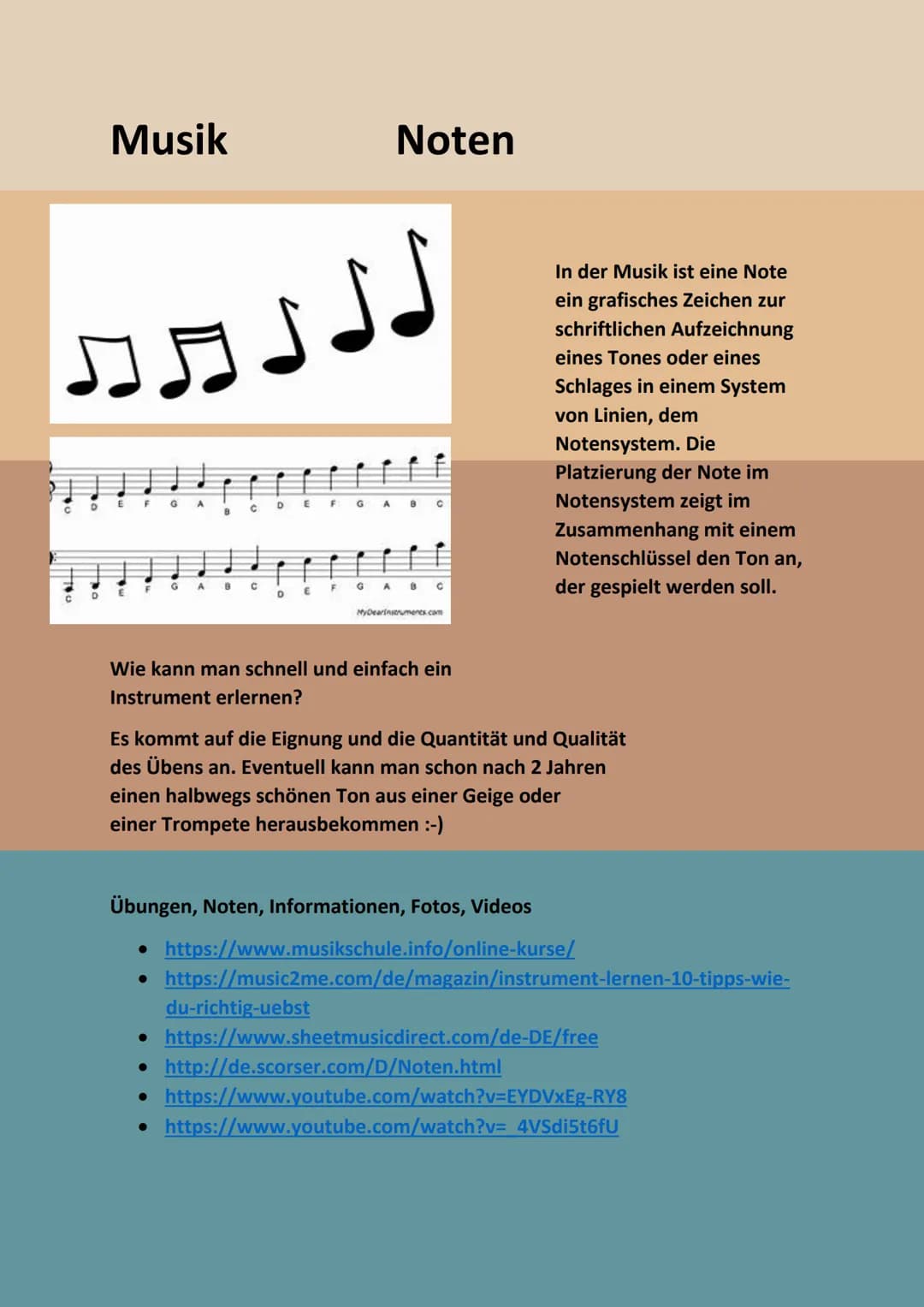 Musik
Noten

In der Musik ist eine Note
ein grafisches Zeichen zur
schriftlichen Aufzeichnung
eines Tones oder eines
Schlages in einem Syste