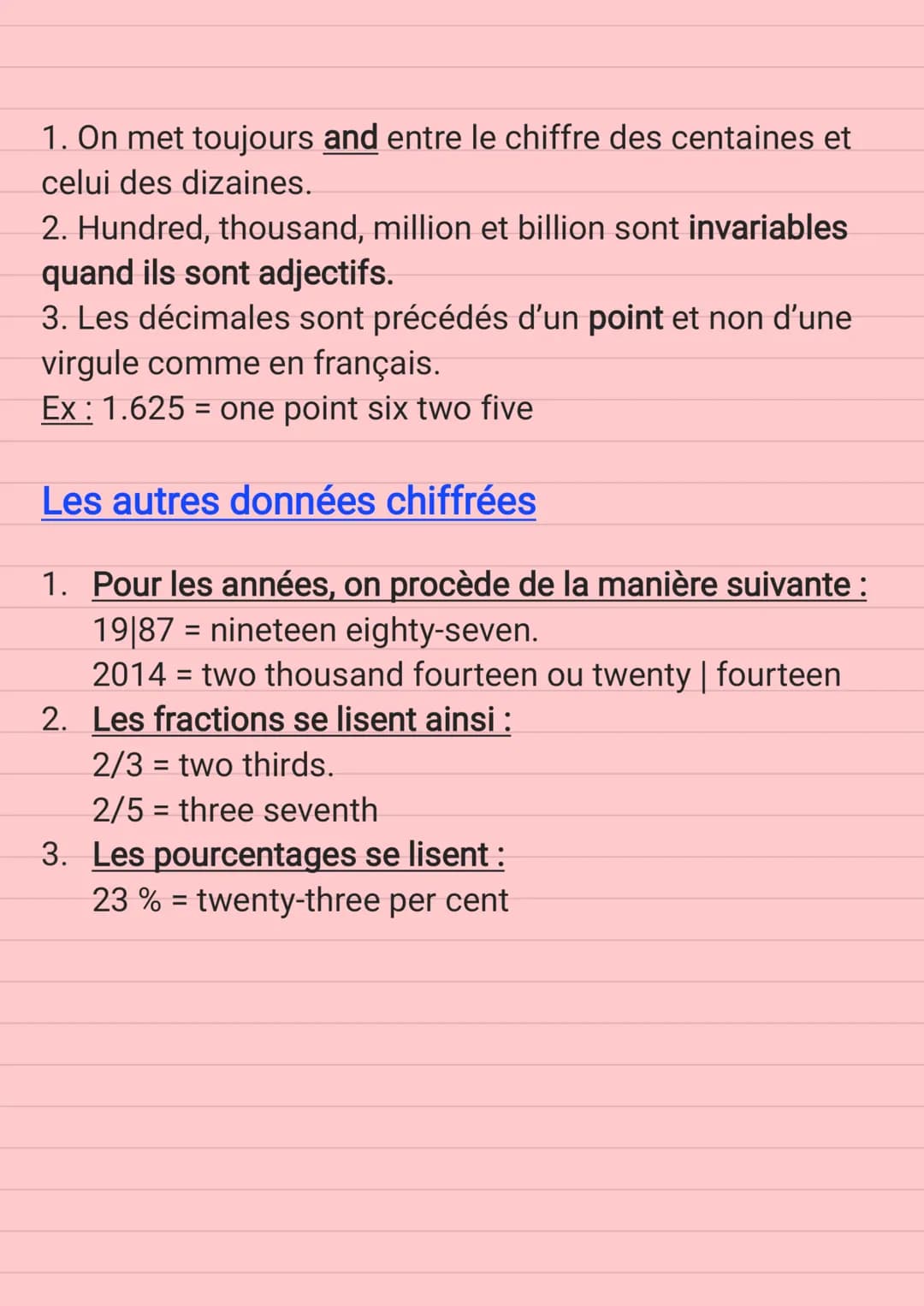 ANGLAIS

Les données chiffrées en anglais

Les nombres de 1 à 99

1 one. 11 eleven. 21 twenty-one

2 two. 12 twelve. 30 thirty

3 three. 13 