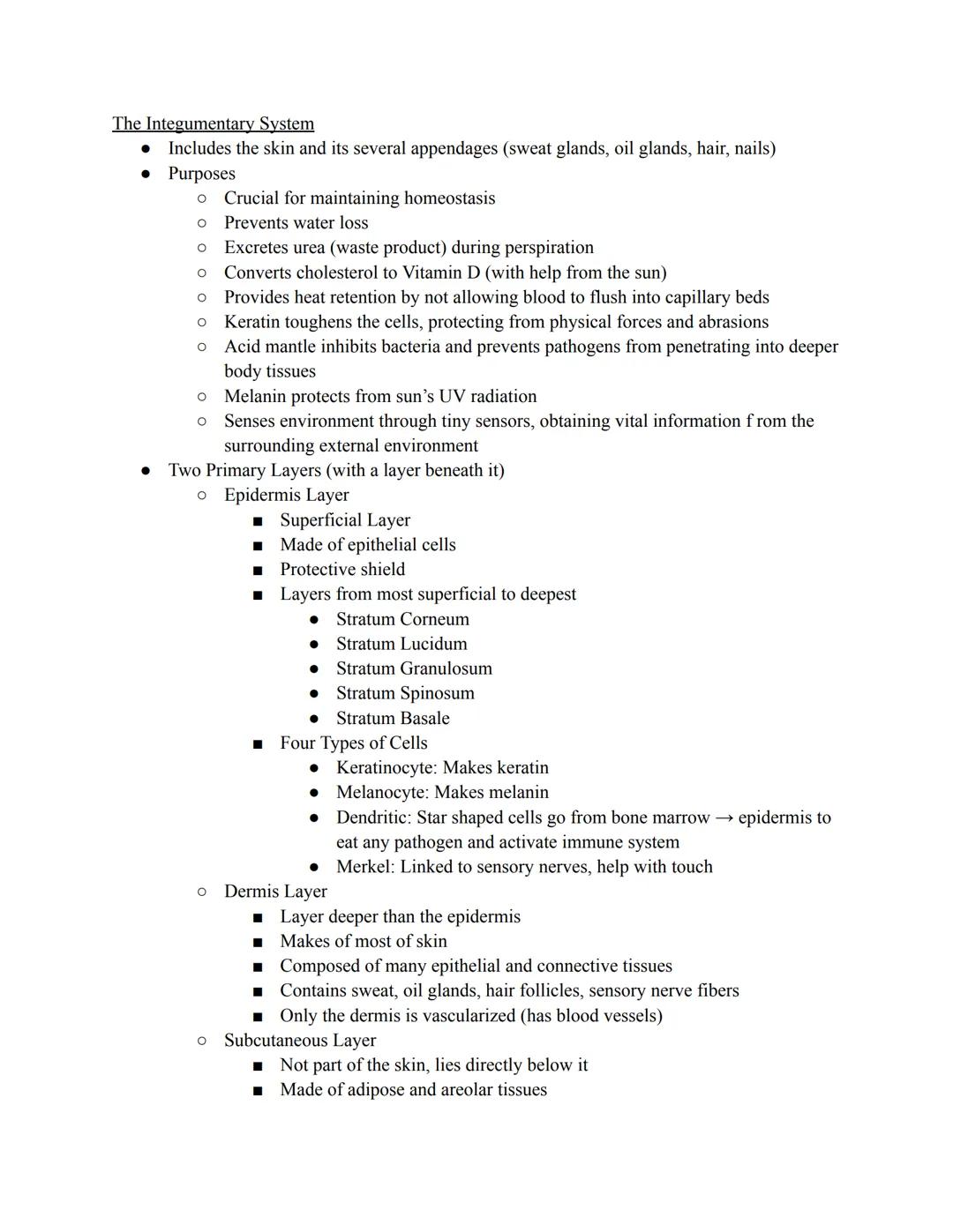 # The Integumentary System

*   Includes the skin and its several appendages (sweat glands, oil glands, hair, nails)
*   Purposes
    *   Cr