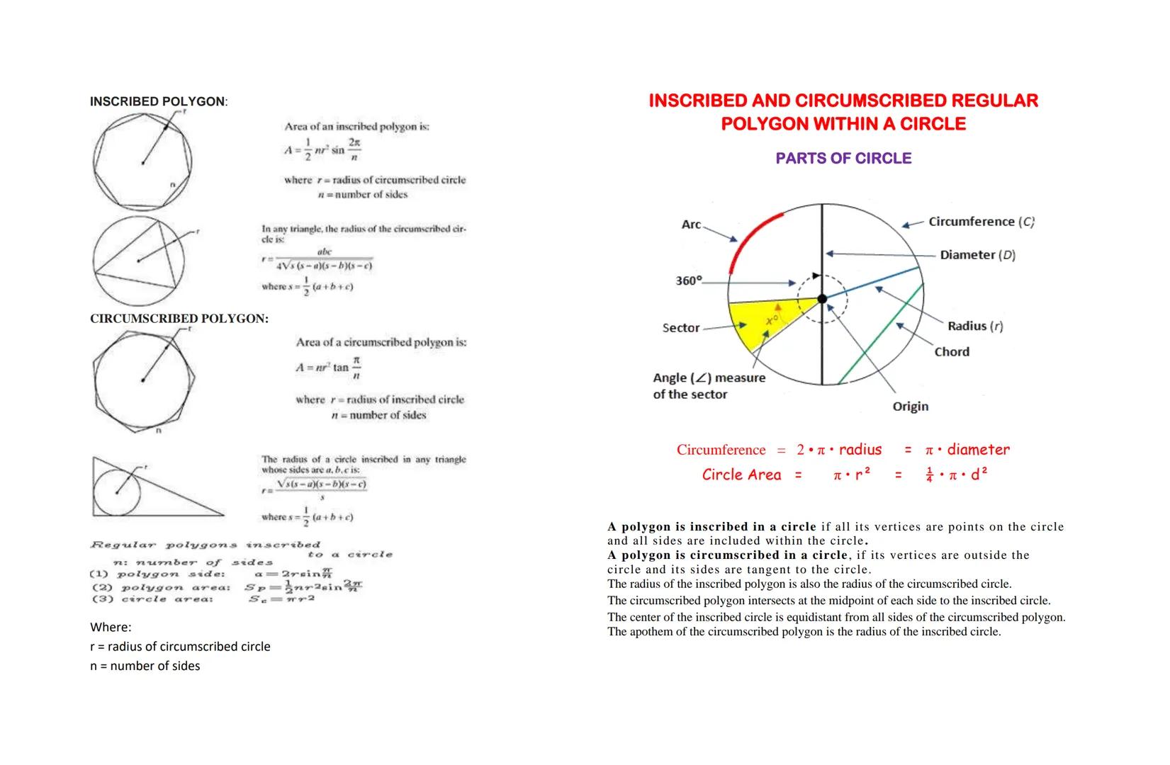 Area of an inscribed polygon is:
$A= \frac{1}{2} nr^2 \sin \frac{2\pi}{n}$
where r radius of circumscribed circle
n=number of sides

In any 