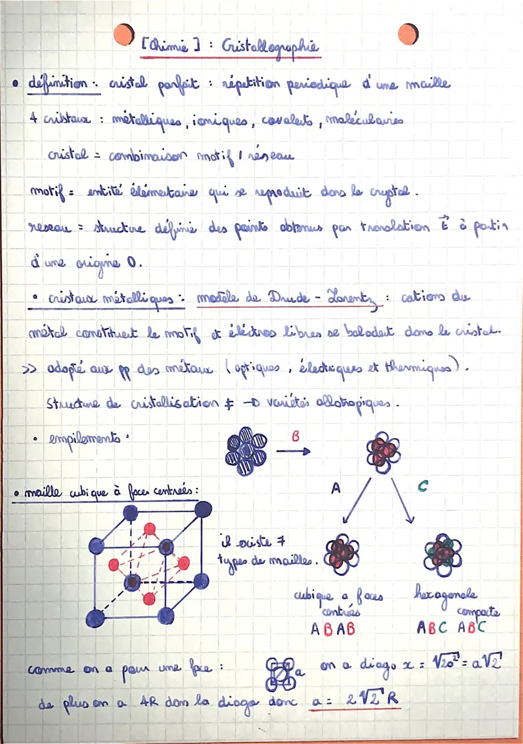 [Chimie]: Cristallographie

• définition: cristal parfait répetition periodique d'une maille

4 cristaux métalliques, ioniques, coveless, ma