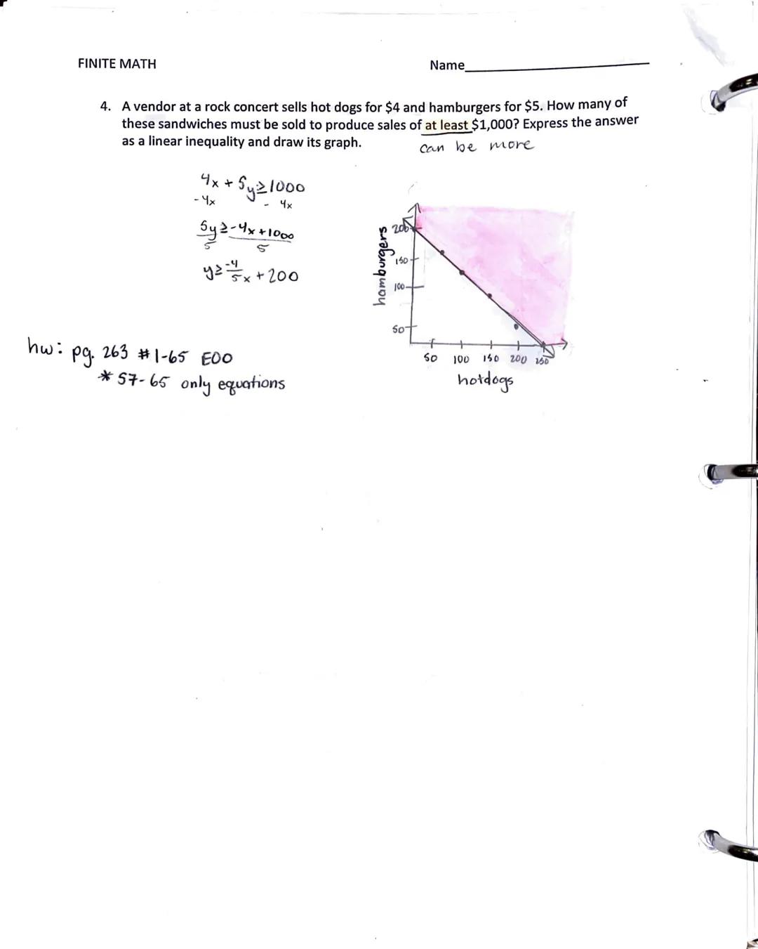 5.1 Notes- Linear Inequalities in Two Variables

Examples:

1. Graph 6x-3y > 18

```
6x-3y > 18
-6x -6x
-3y>-6x+18
-3 -3
y<2x-6
slope y-int
