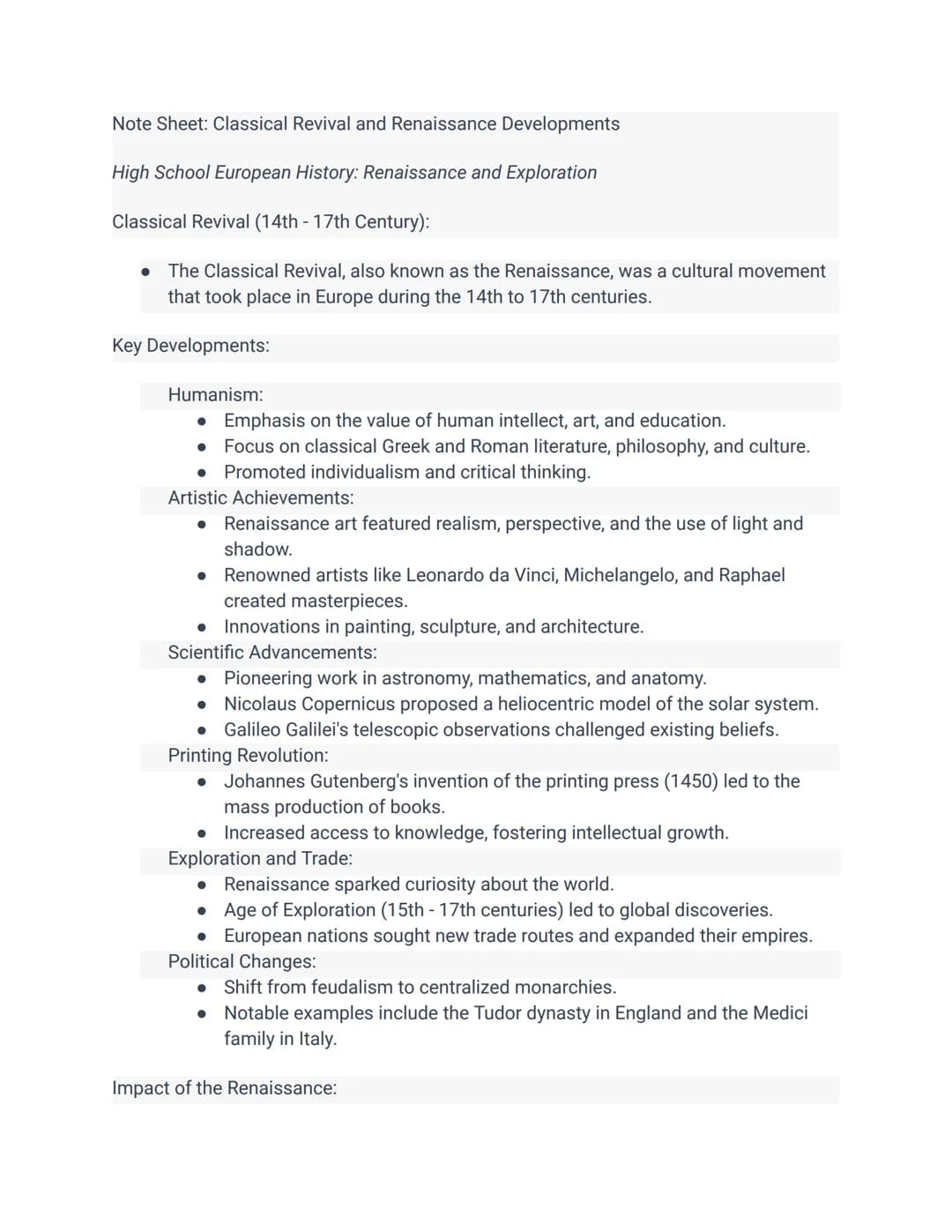 # Note Sheet: Classical Revival and Renaissance Developments

High School European History: Renaissance and Exploration

Classical Revival (