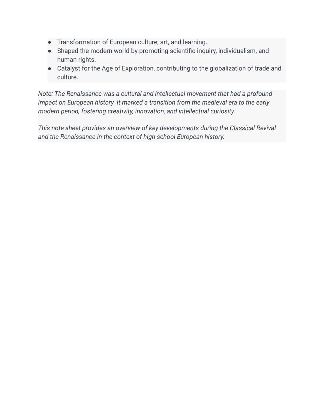 # Note Sheet: Classical Revival and Renaissance Developments

High School European History: Renaissance and Exploration

Classical Revival (