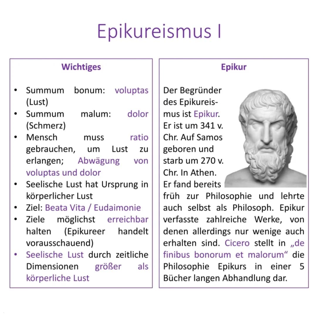 # Epikureismus I

## Wichtiges

- Summum bonum: voluptas
(Lust)
- Summum malum: dolor
(Schmerz)
- Mensch muss ratio
gebrauchen, um Lust zu
e