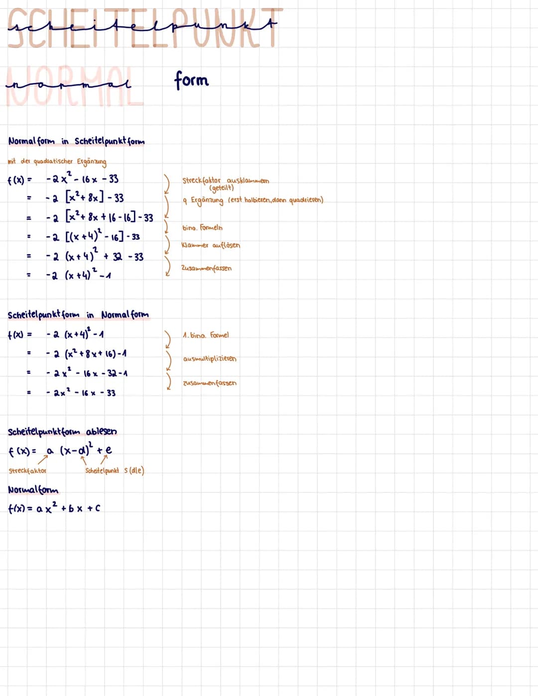 mal

normal form

Normal form in Scheitelpunkt form

mit der quadratischer Ergänzung

f(x) =

=

=

=

=

=

-2x²-16x-33

-2 [x²+8x]-33

-2 