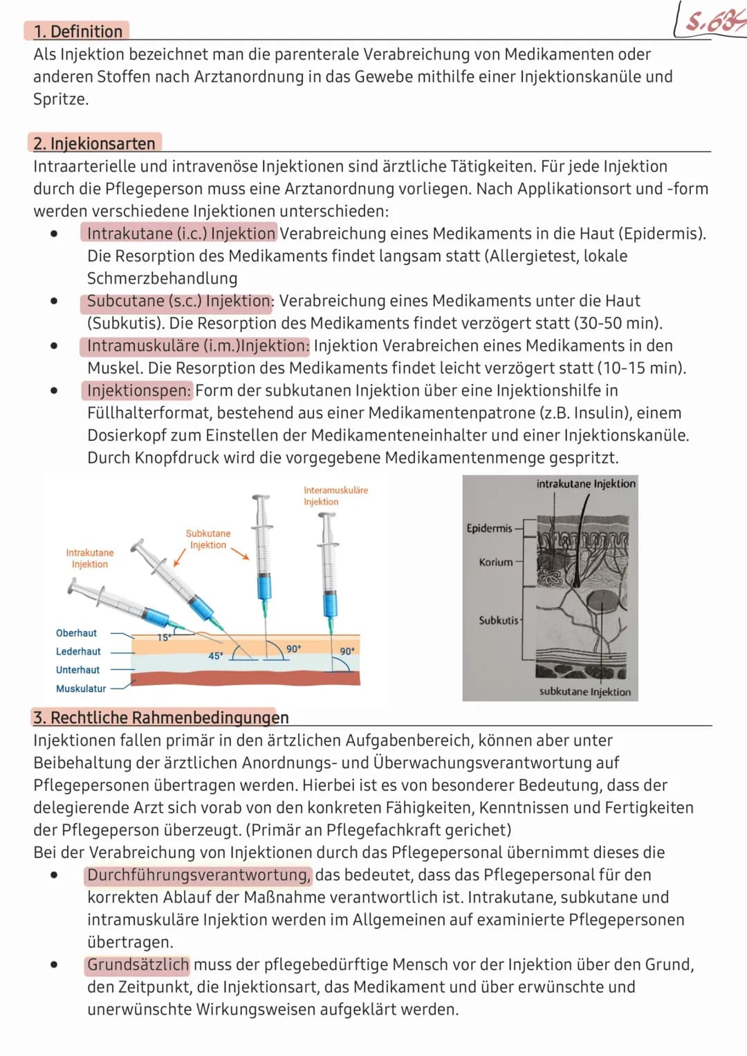 # 1. Definition
Als Injektion bezeichnet man die parenterale Verabreichung von Medikamenten oder
anderen Stoffen nach Arztanordnung in das G