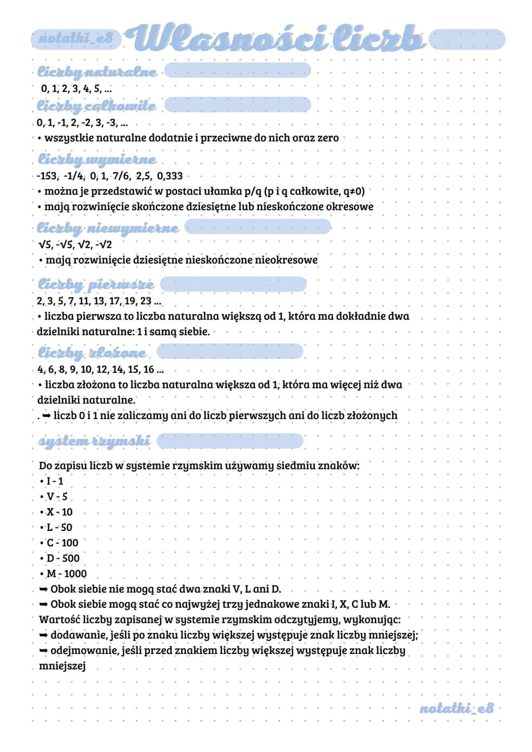 # Wlasności liczb

liczby naturalne
0, 1, 2, 3, 4, 5, ...

liczby całkowite
0, 1, 1, 2, 2, 3, -3, ...
*   wszystkie naturalne dodatnie i prz