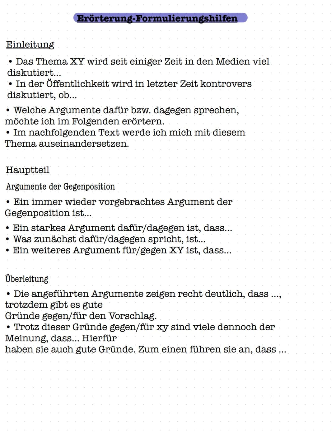 Erörterung Handout

Text gebundene Erörterung (Sanduhrprinzip)

Einleitung
-Thema
-Quelle
-Autor
-Problem

Hauptteil
-Gegenargumente aufzähl