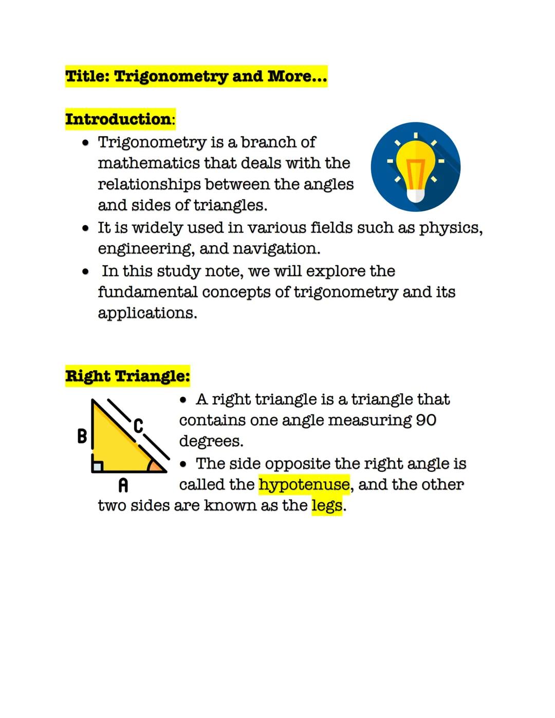 Title: Trigonometry and More...

Introduction:
- Trigonometry is a branch of
mathematics that deals with the
relationships between the angle