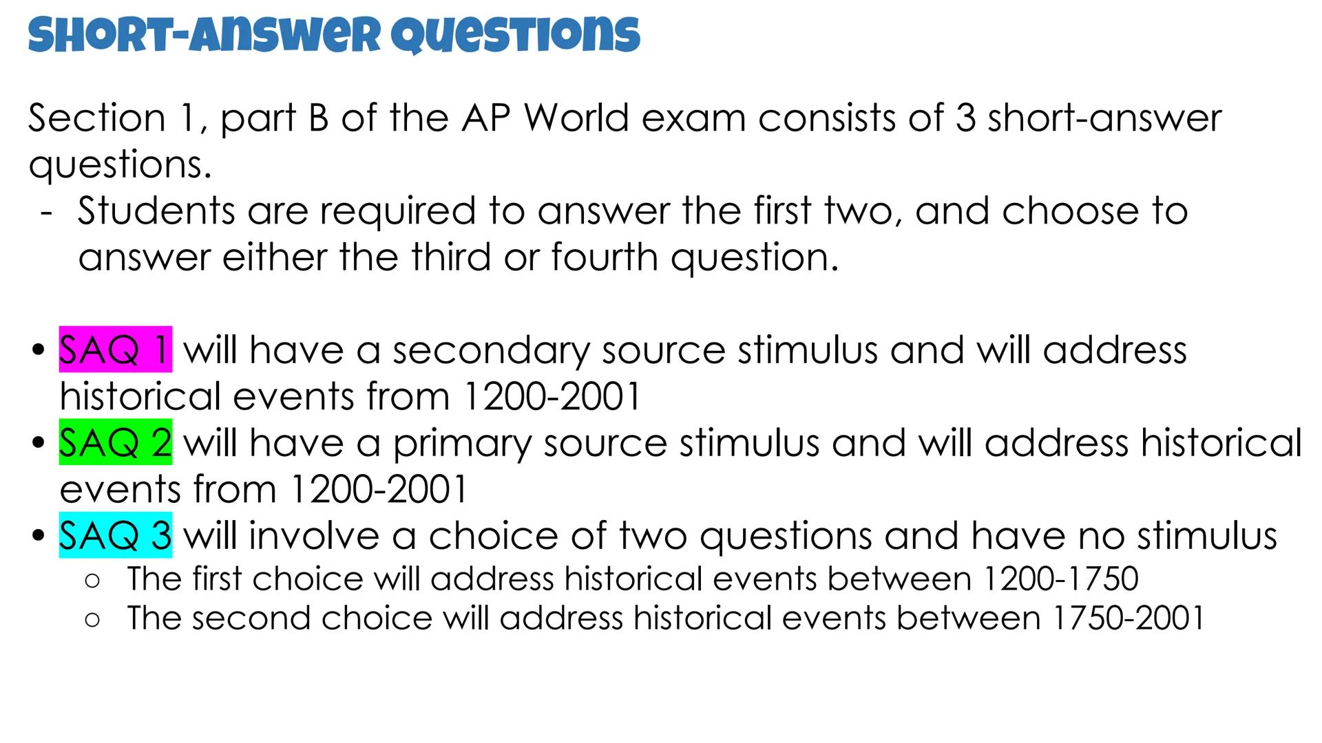 
<h2 id="whysaq">Why SAQ?</h2>
<p>The Short Answer Question (SAQ) is a question that requires a brief, specific, and accurate answer. It doe