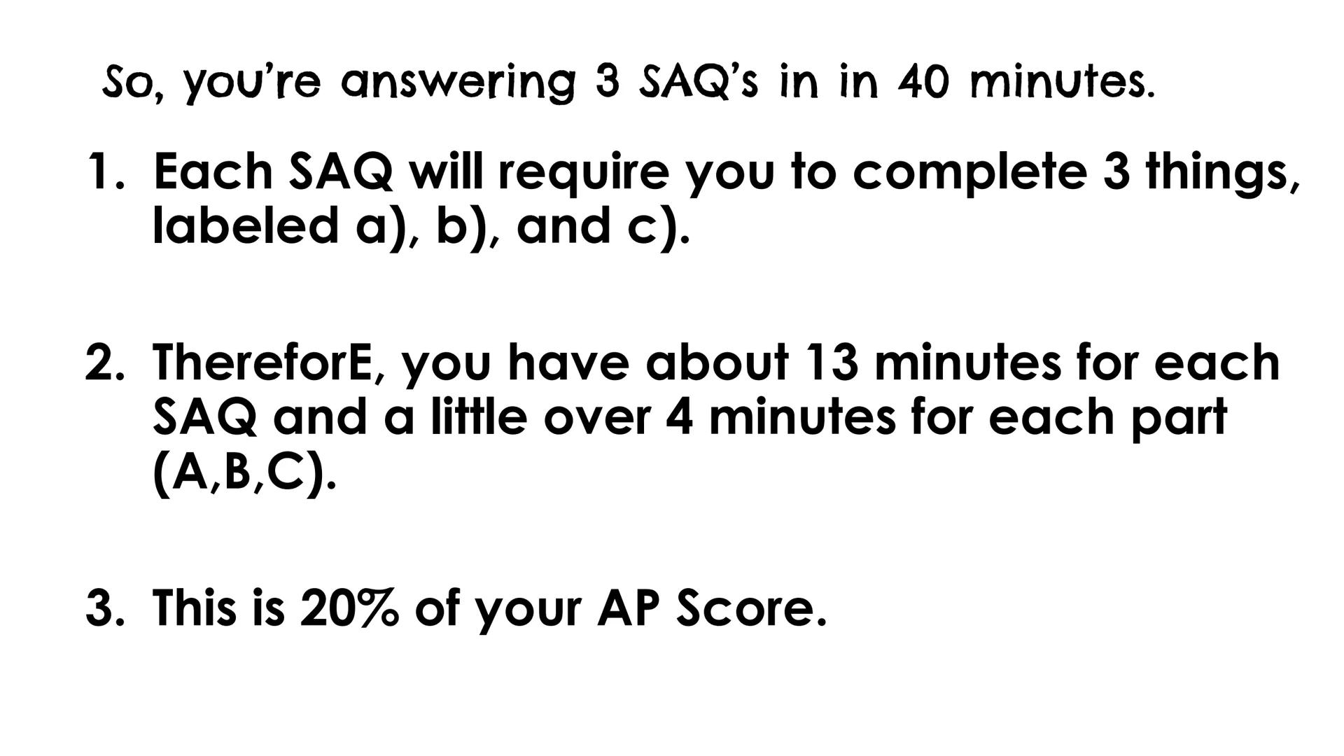 
<h2 id="whysaq">Why SAQ?</h2>
<p>The Short Answer Question (SAQ) is a question that requires a brief, specific, and accurate answer. It doe