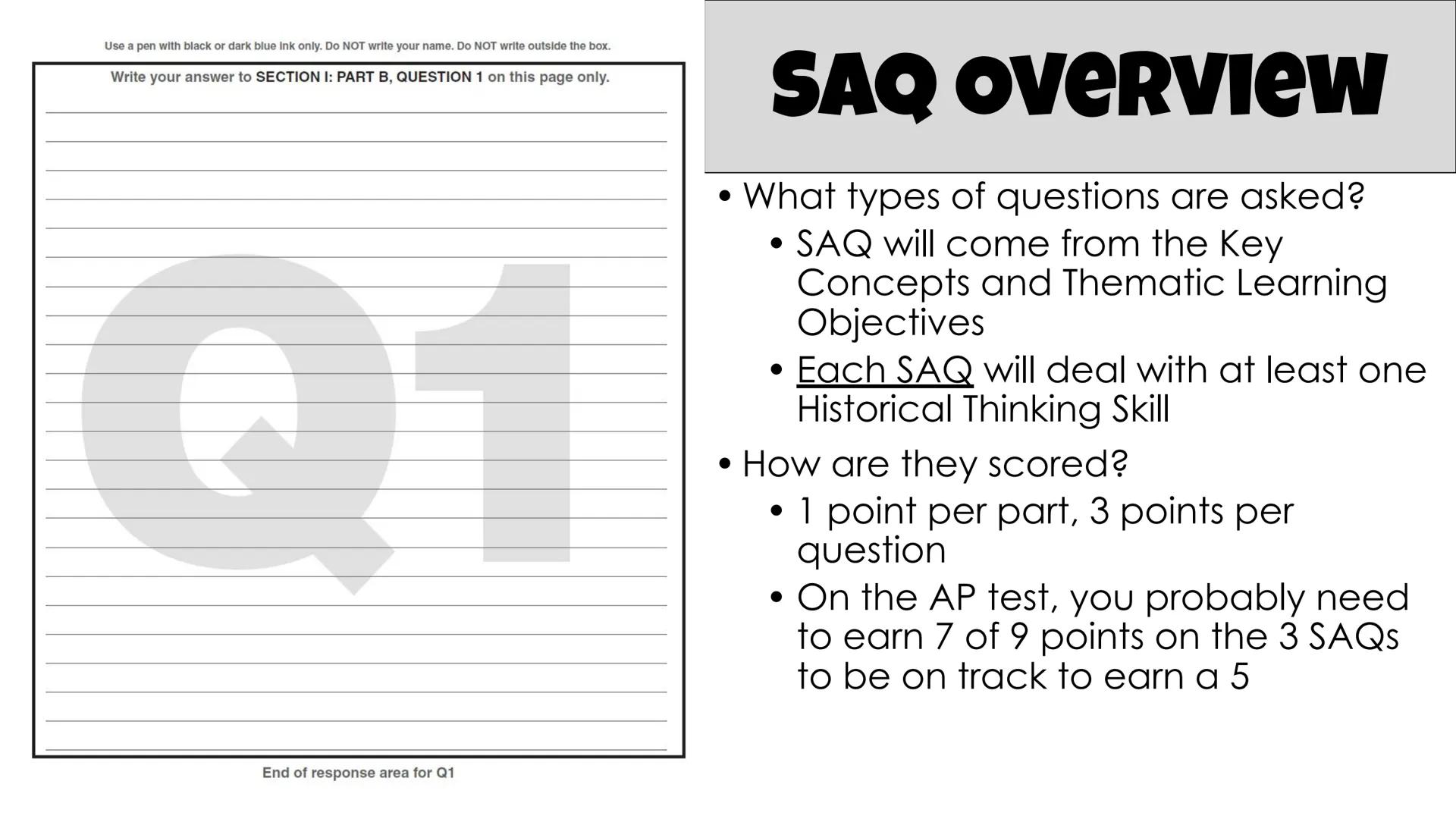 
<h2 id="whysaq">Why SAQ?</h2>
<p>The Short Answer Question (SAQ) is a question that requires a brief, specific, and accurate answer. It doe