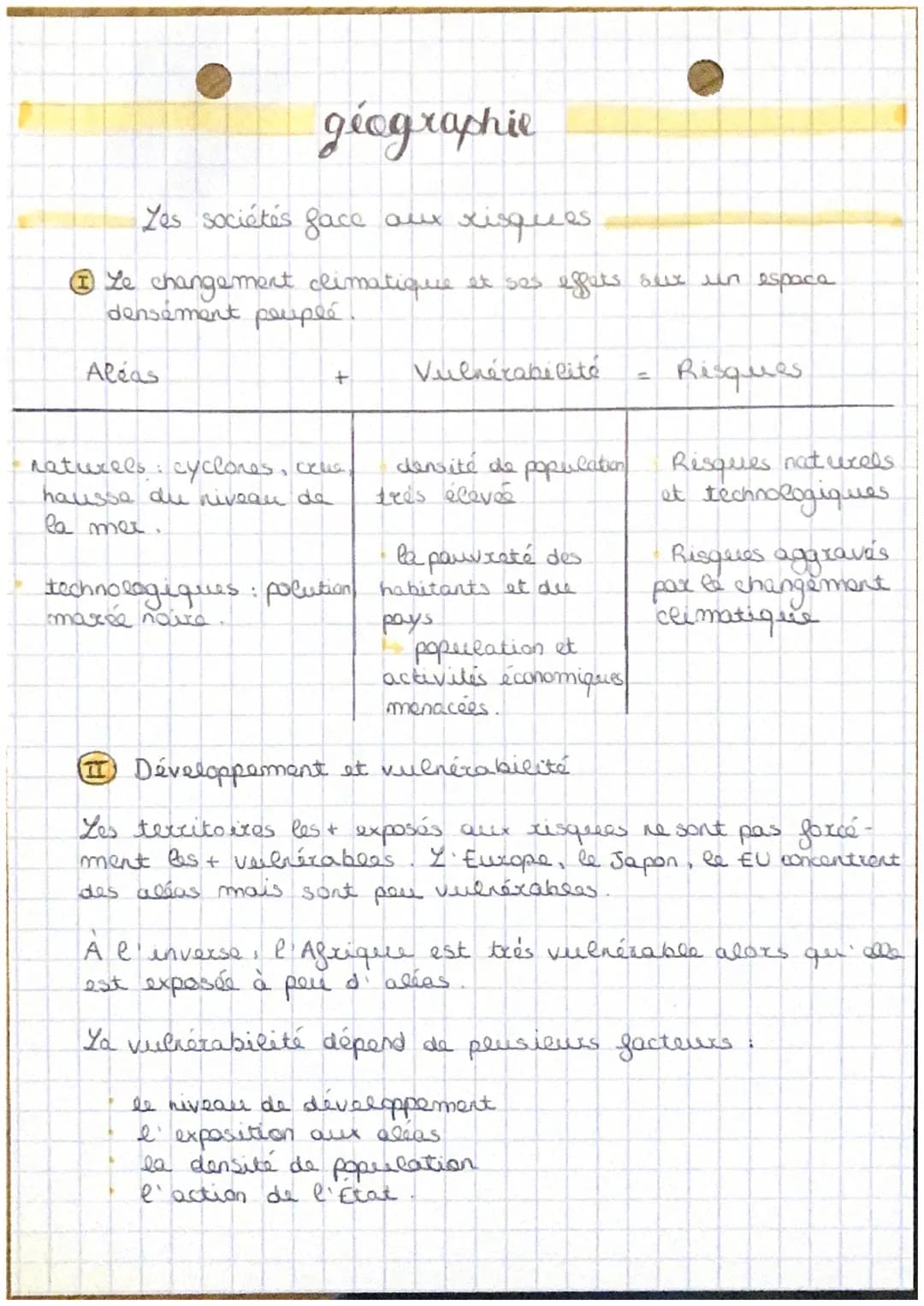 géographie

Zes sociétés face aux risques.

① Le changement climatique et ses effets seix un espace.
densément peuplé.

Aleas + Vulnérabilit
