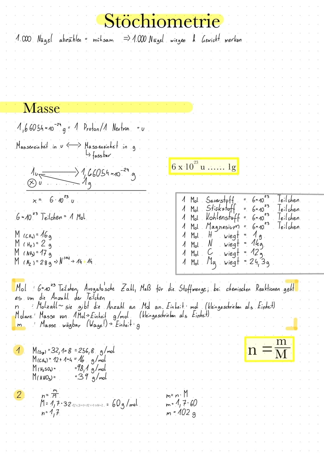 # Stöchiometrie

1.000 Nägel abzählen mühsam1.000 Nägel wiegen & Gewicht merkon

# Masse

1,66054x$10^{2}$g= 1 Proton/1 Neutron u

Massenein