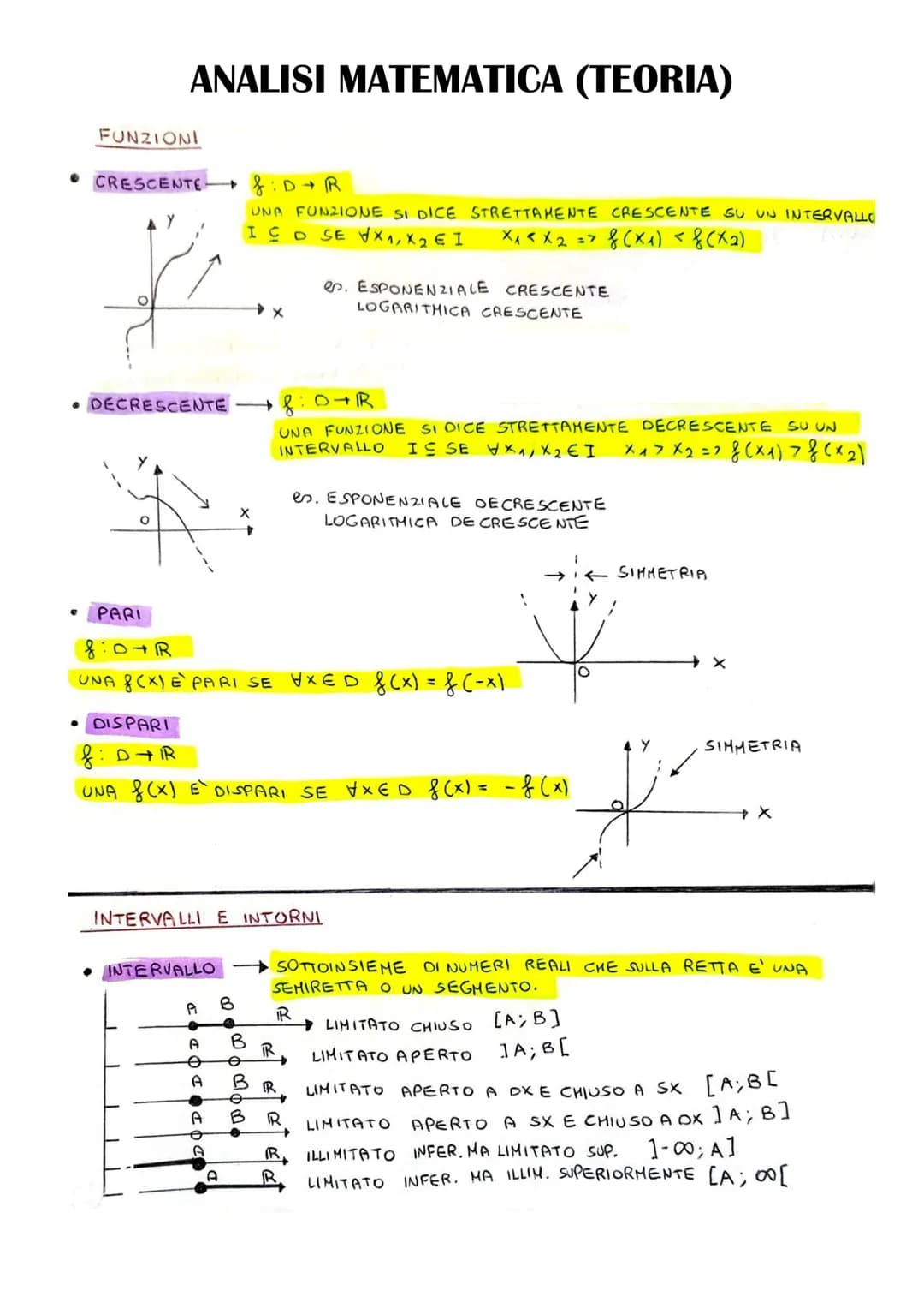 # ANALISI MATEMATICA (TEORIA)

FUNZIONI

- CRESCENTE $\rightarrow$ &:D+R

  UNA FUNZIONE SI DICE STRETTAMENTE CRESCENTE SU UN INTERVALLO
  I