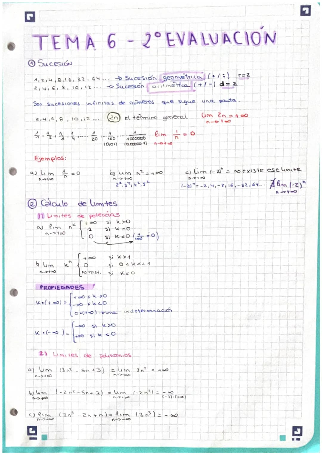 # TEMA 6-2° EVALUACIÓN

@ SUCESIÓN

1,2,4,8,16,32, 64... Sucesión geométrica ($\cdot/ :$) r=2

2,4,6,8,10,12... Sucesión aritmética (+/-) d=