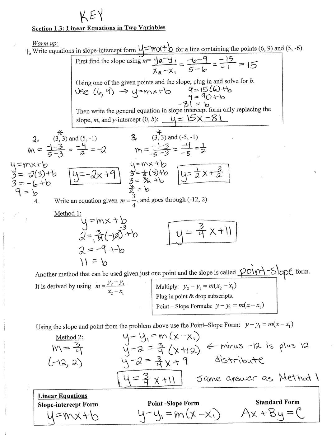 KEY

Section 1.3: Linear Equations in Two Variables

Warm up:
1. Write equations in slope-intercept form $y=mx+b$ for a line containing the 