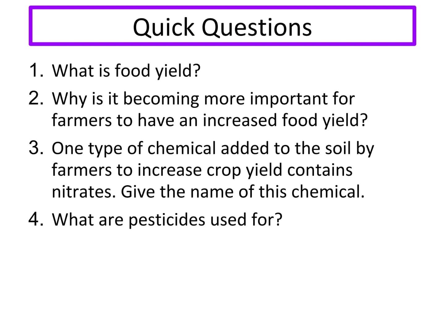 # N5 Unit 3 KA5
Food Production # N5 biology course

1. Cell Biology
2. Multicellular Organisms
3. Life on Earth Unit 3 – Life on Earth

1. 