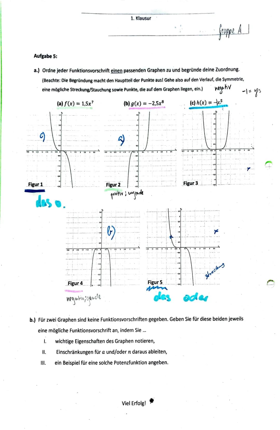 1. Klausur
Gruppe A
Aufgabe 5:
a.) Ordne jeder Funktionsvorschrift einen passenden Graphen zu und begründe deine Zuordnung.
(Beachte: Die Be