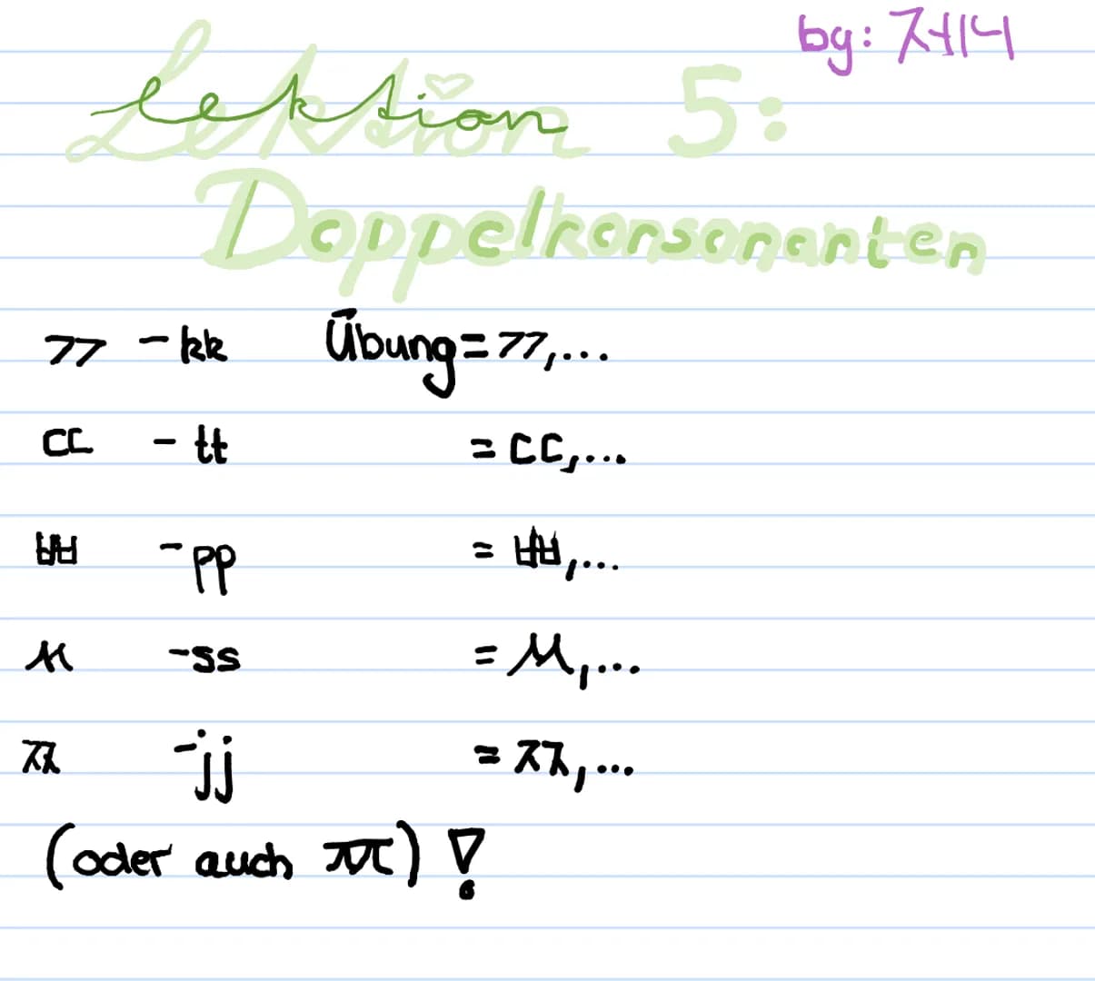안녕!
한국
southhorea
with their culture
South
Korea
제니입니다.
and their language
"한국어"
♡ by:제니스 by 제거 한국어:
7
제니
Lektion 1:
Die Buchstaben
ㅇ = ng (