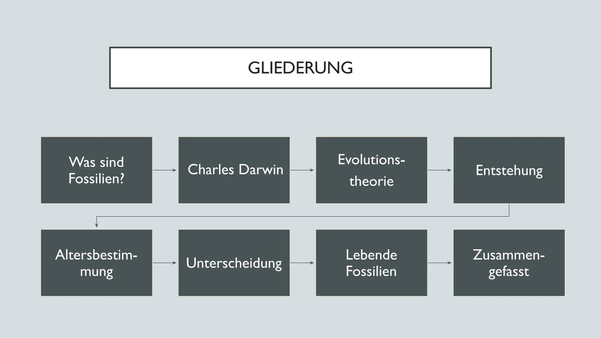 # FOSSILIEN

20.01.22

Chantal Rehmet & Ylva Liese GLIEDERUNG

Was sind
Fossilien?

Charles Darwin

Evolutions-
theorie

Entstehung

Altersb