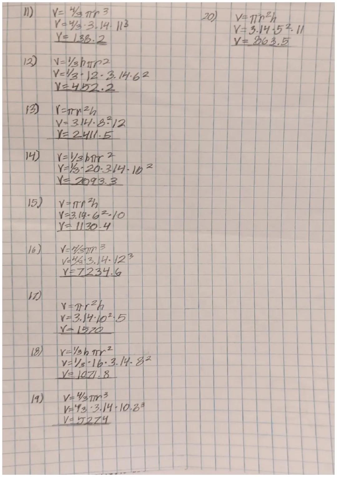 1) SA Slant/$l = 4^2 + 12^2 = l(\sqrt{160} = 12.6)$
SA=$\pi r^2 + \pi r l$
SA=3.14.2²+3.14.2.12.6
SA= 12.56 + 79.128
SA=91.7

V=$\/3 \pi r^2