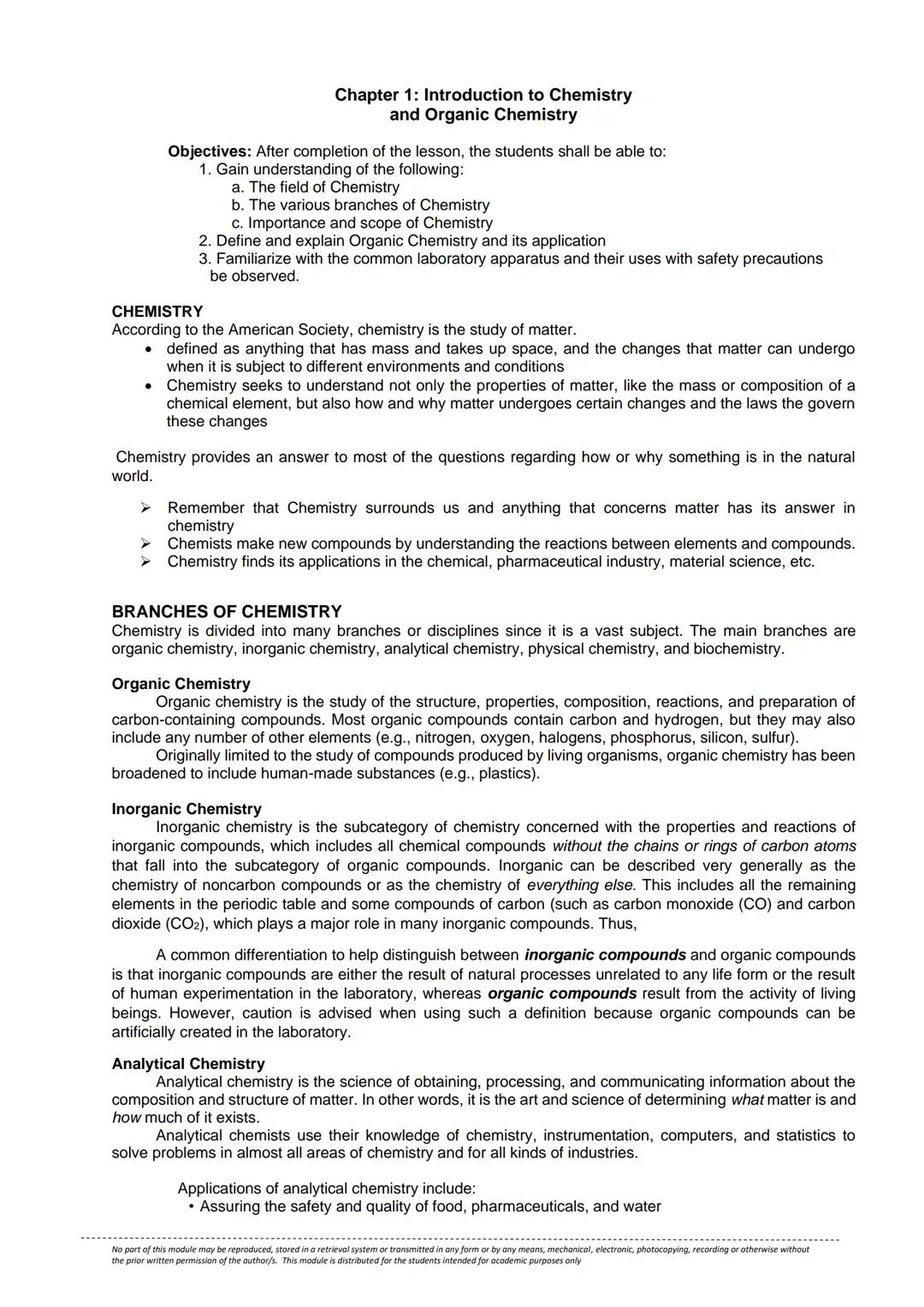 Chapter 1: Introduction to Chemistry
and Organic Chemistry
Objectives: After completion of the lesson, the students shall be able to:
1. Gai