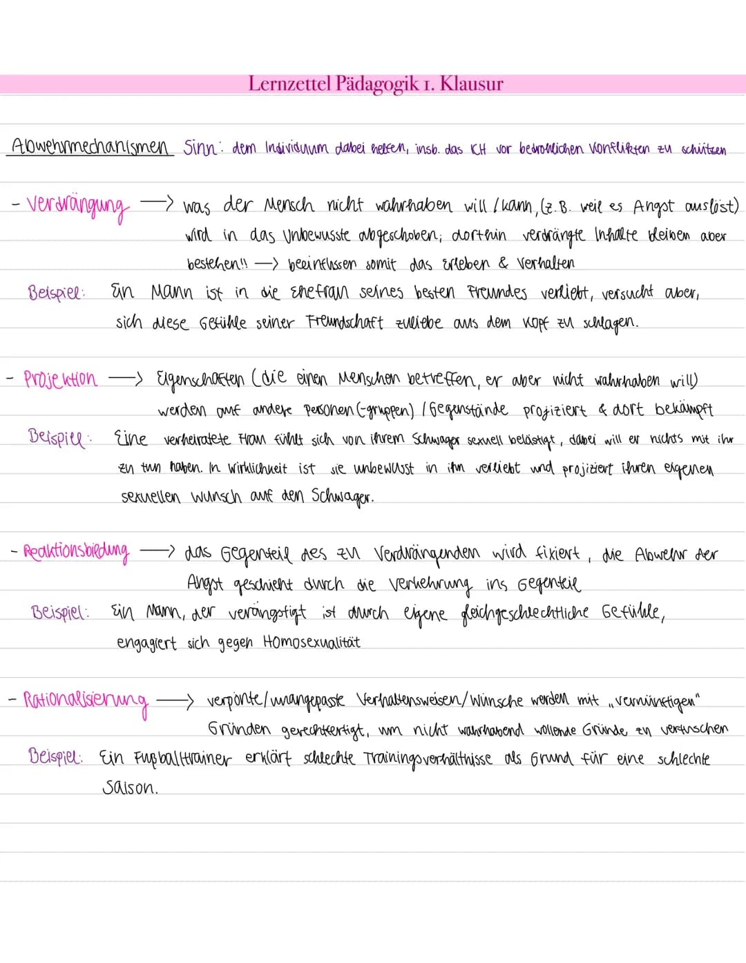 # Lernzettel Pädagogik 1. Klausur

Abwehrmechanismen Sinn: dem Individuum dabei helfen, insb. das ICH vor bedrohlichen vonflikten zu schiitz