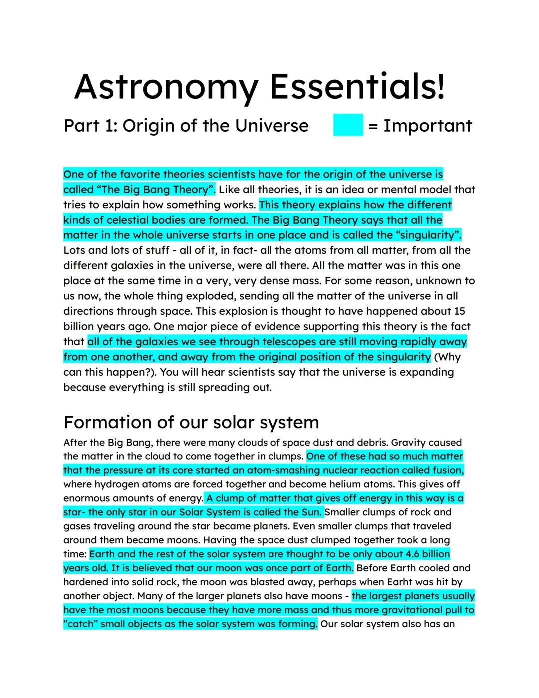 # Astronomy Essentials!

Part 1: Origin of the Universe

= Important

One of the favorite theories scientists have for the origin of the uni