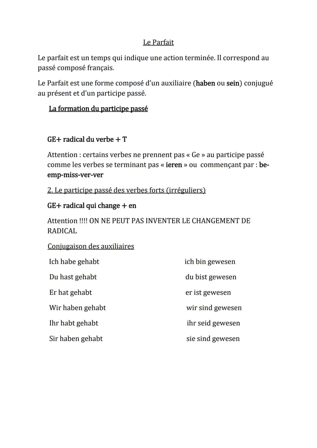 # Le Parfait

Le parfait est un temps qui indique une action terminée. Il correspond au
passé composé français.

Le Parfait est une forme co