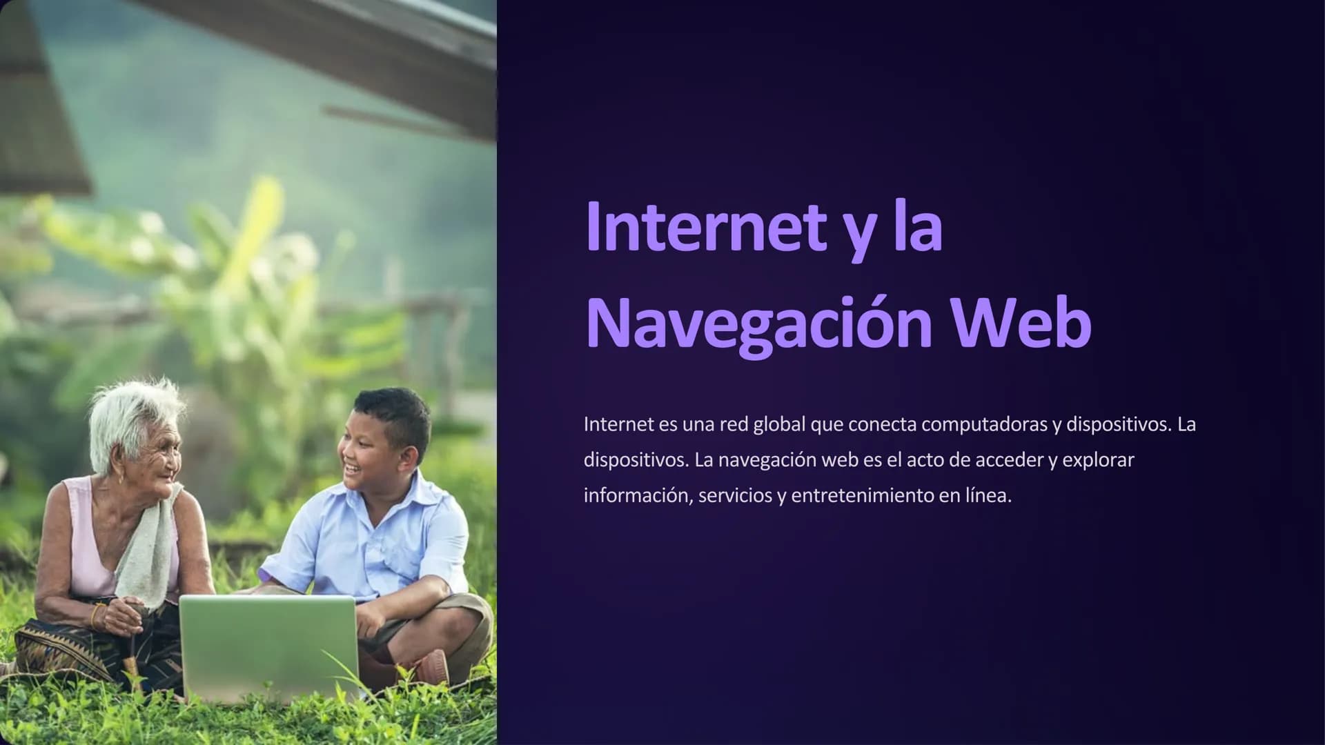 # Internet y la
Navegación Web

Internet es una red global que conecta computadoras y dispositivos. La
dispositivos. La navegación web es el