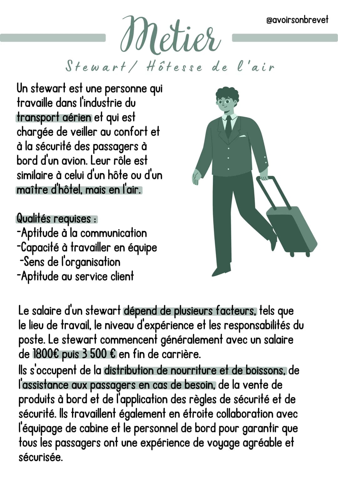 # Metier

@avoirsonbrevet

Stewart/Hôtesse de l'air

Un stewart est une personne qui
travaille dans l'industrie du
transport aérien et qui e
