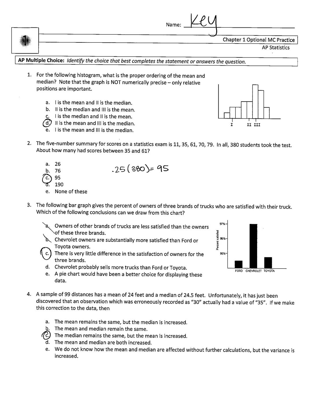 Name: Key

Chapter 1 Optional MC Practice
AP Statistics
AP Multiple Choice: Identify the choice that best completes the statement or answers