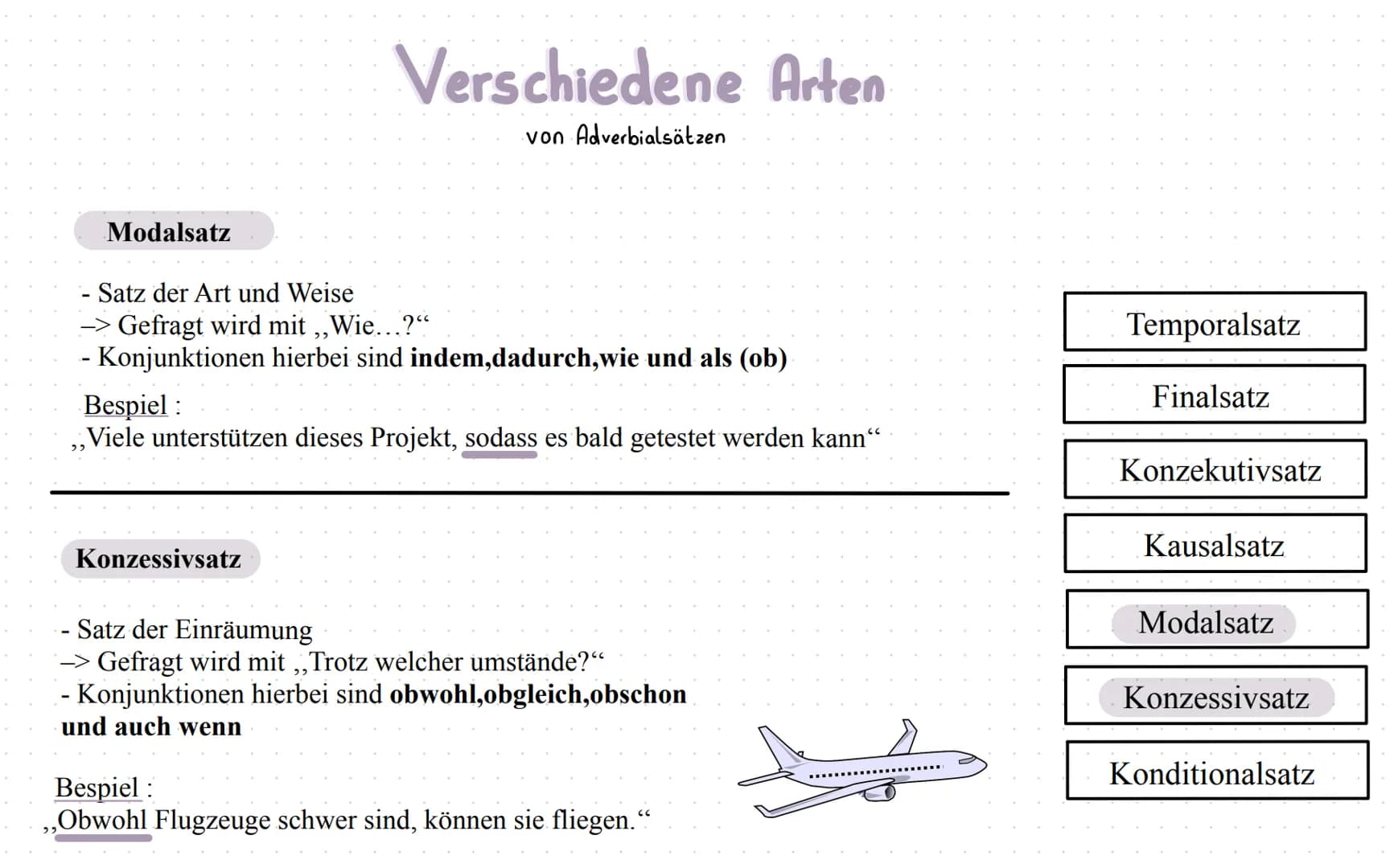 # ADVERBIAL SÄTZE

Was sind Adverbialsätze ?

-> Adverbialsätze sind Nebensätze die dir nähere Informationen über
die Umstände und Zusammenh