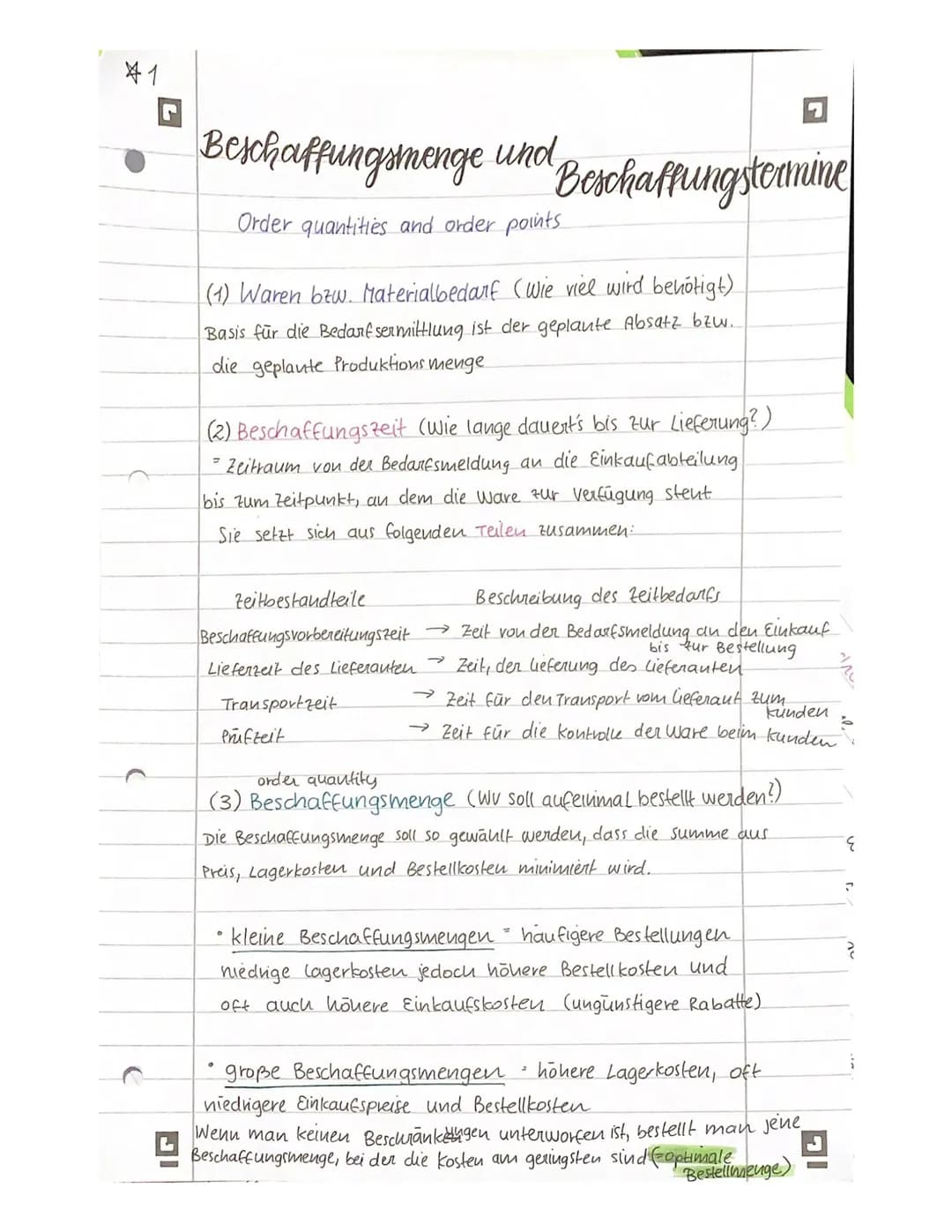 # 41

Beschaffungsmenge und Beschaffungstermine
Order quantities and order points

(1) Waren bzw. Materialbedarf (wie viel wird benötigt)
Ba