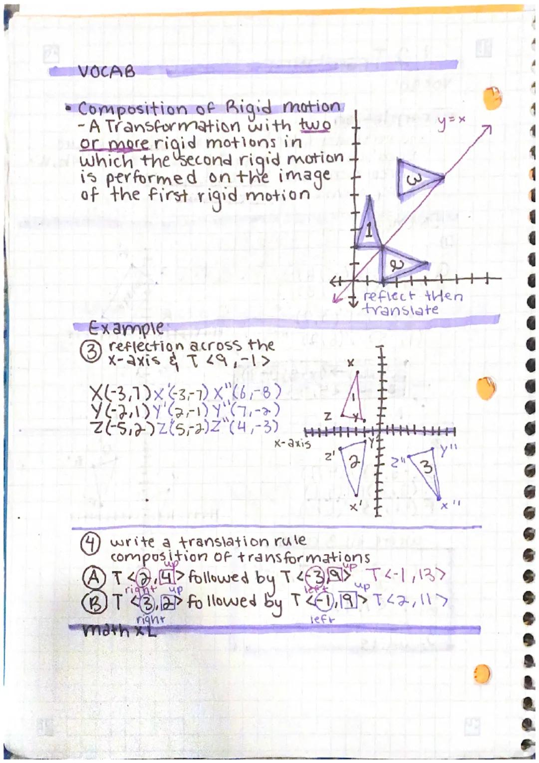 
<h2 id="reflections">Reflections</h2>
<h3 id="vocabulary">Vocabulary</h3>
<ul>
<li>A rigid motion is a transformation that preserves length