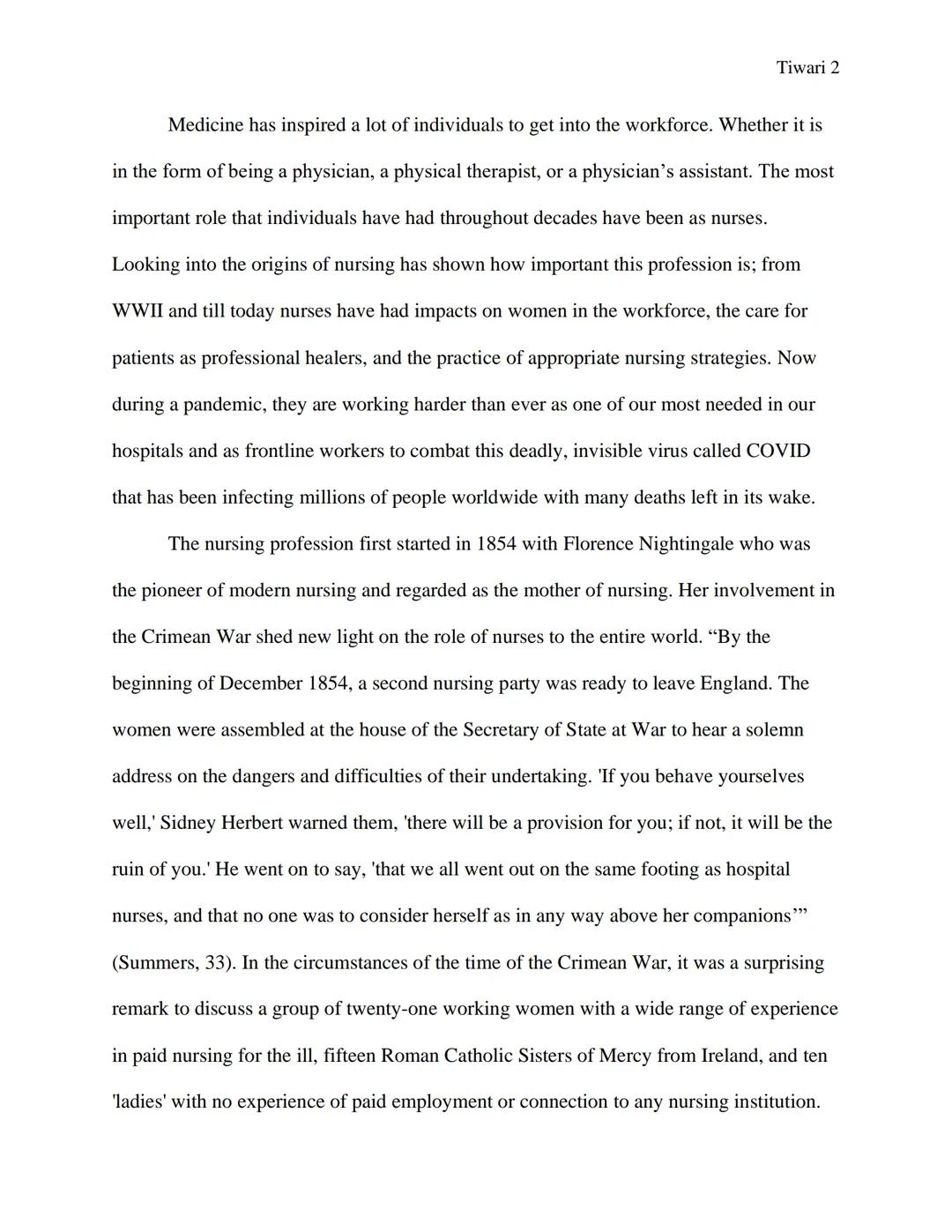 Tiwari 1

WW2 & The Continuation of Nursing

Written by Mahak Tiwari

Professors Michael Plotkin & Christina Yamanaka

Honors History of Sci