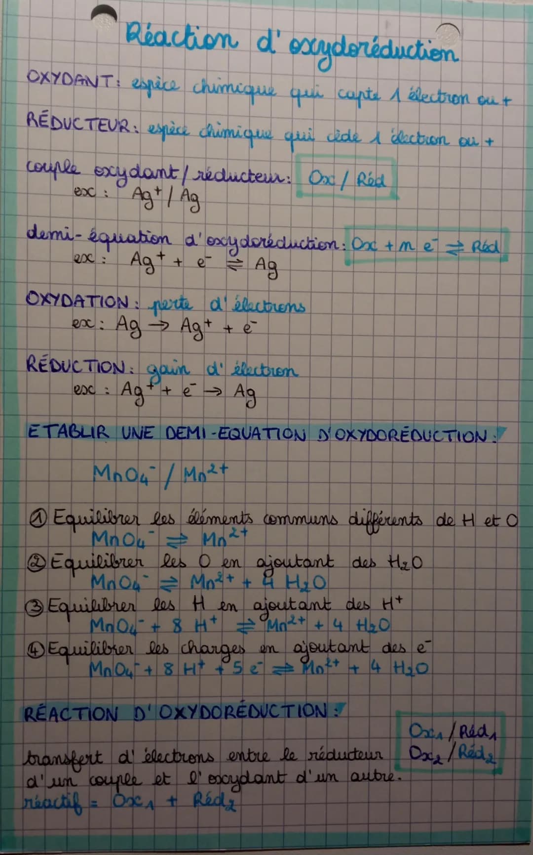 # Réaction d'oxydoréduction

OXYDANT: espèce chimique qui capte 1 électron ou +

RÉDUCTEUR: espèce chimique qui ide 1 'élection oi +

couple