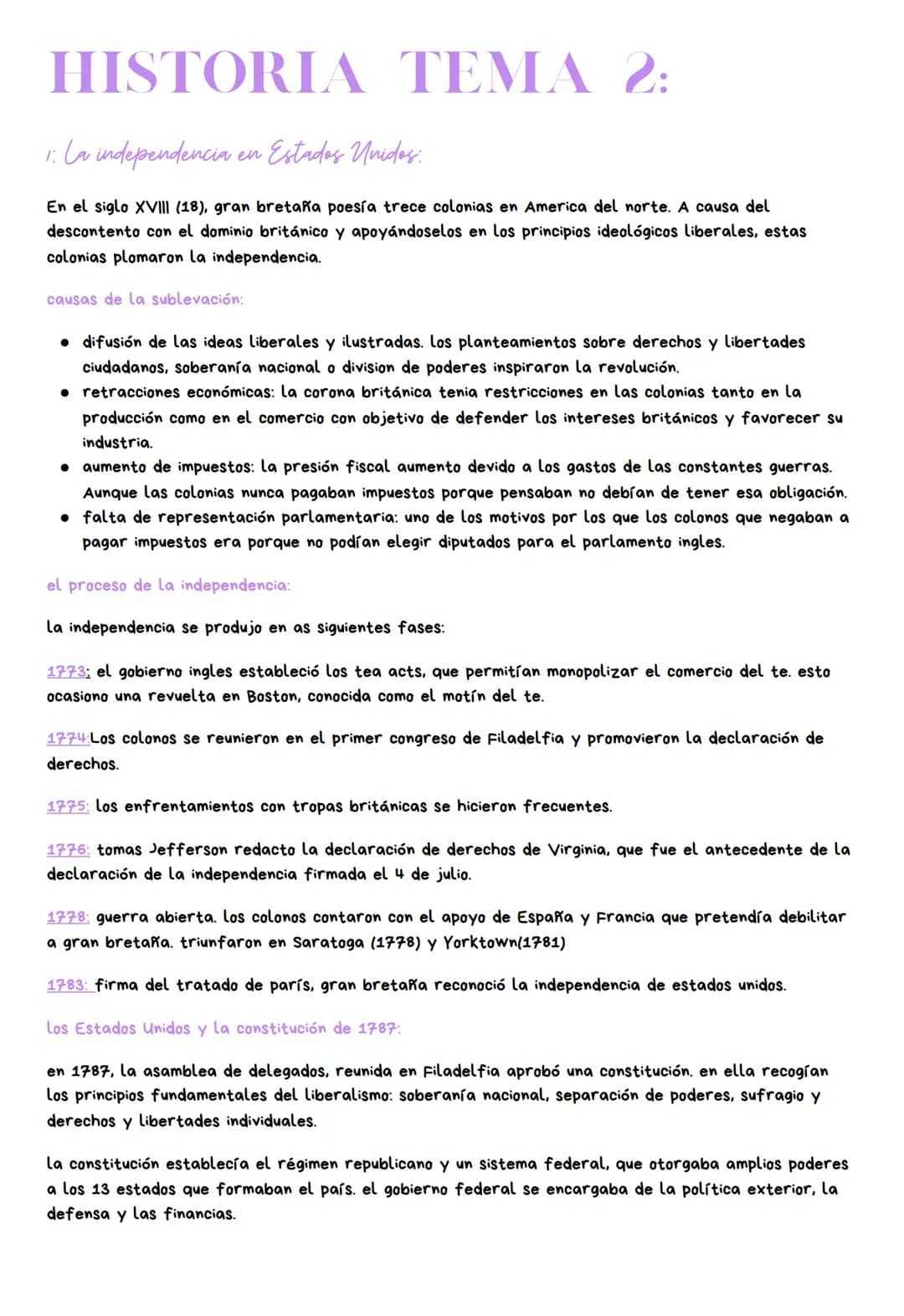# HISTORIA TEMA 2:

1. La independencia en Estados Unidos.

En el siglo XVIII (18), gran bretaña poesía trece colonias en America del norte.