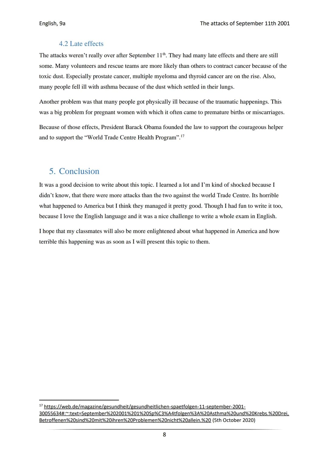 English, 9a

The attacks of September 11th 2001

Freie Studien Kl. 9a

English

6th of October 2020

The attacks of September 11th 2001 Engl