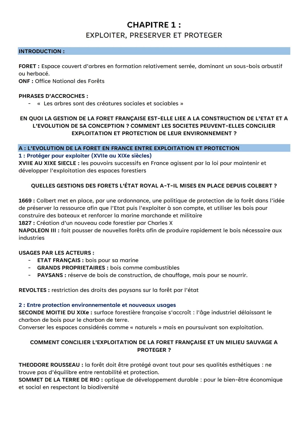 # CHAPITRE 1:
EXPLOITER, PRESERVER ET PROTEGER

INTRODUCTION:

FORET: Espace couvert d'arbres en formation relativement serrée, dominant un 